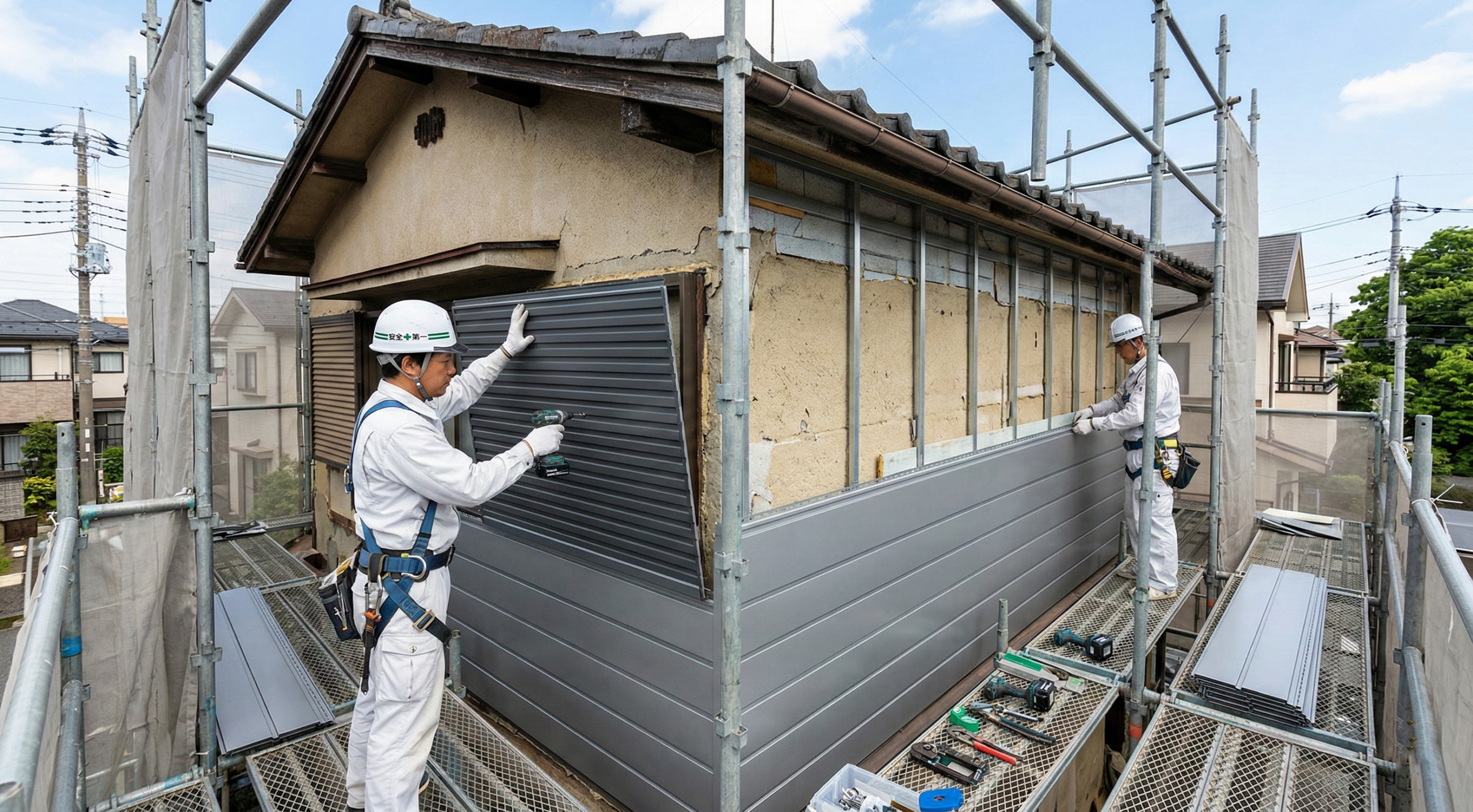 カバー工法（金属サイディング施工）の様子