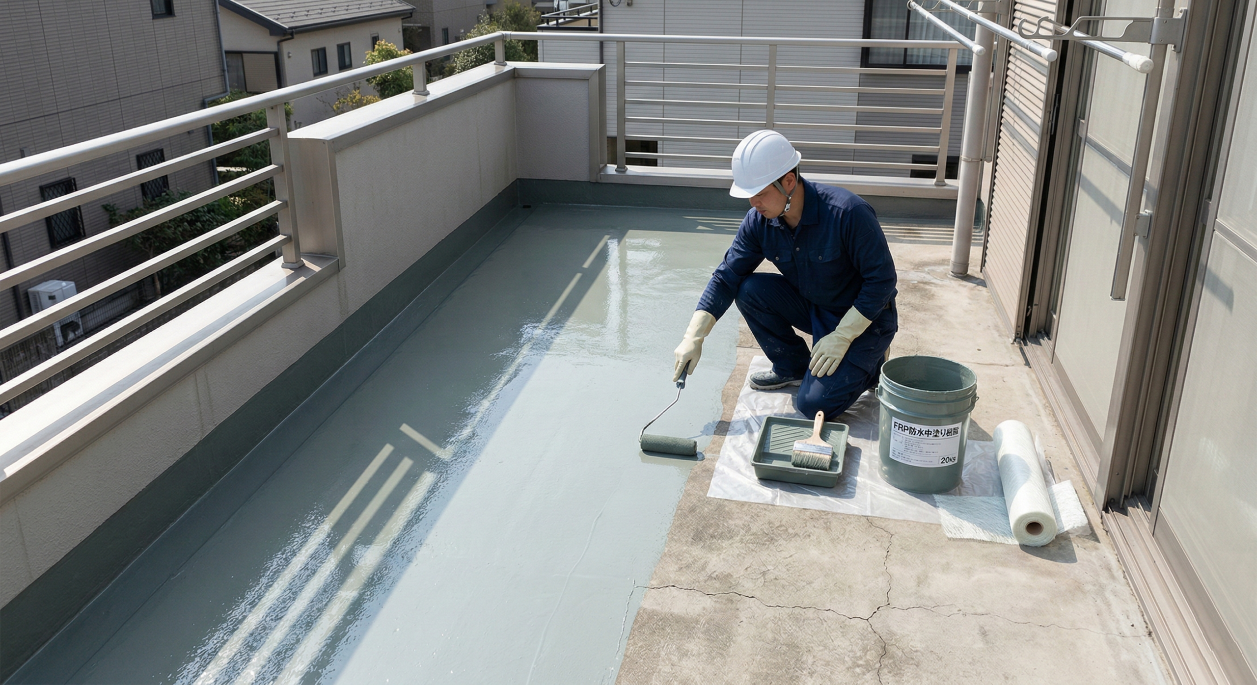 ベランダ防水工事（FRP防水）の施工の様子