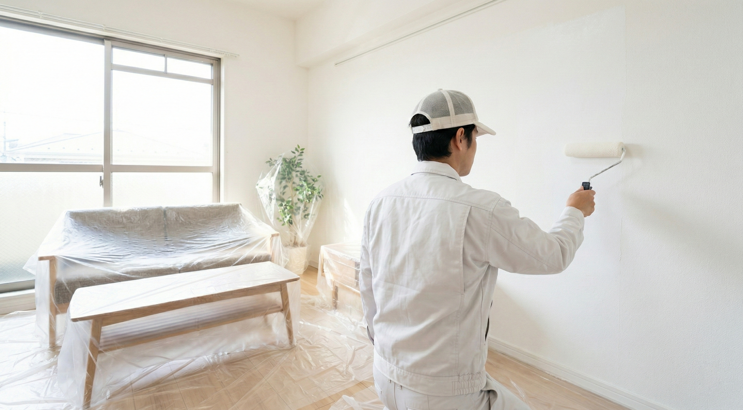 個人宅リビングの消臭塗装施工の様子