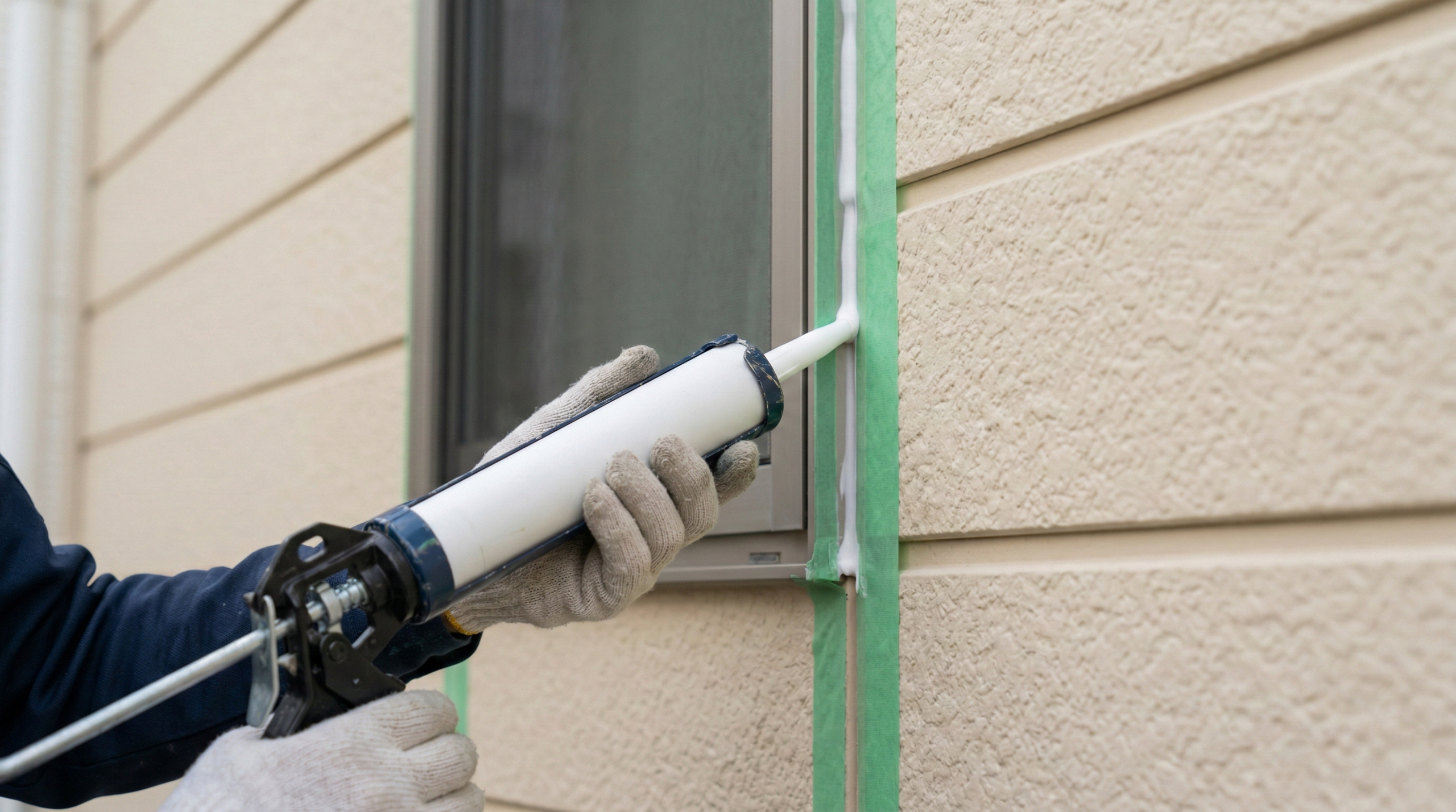 外壁のクラック補修・コーキング施工の様子