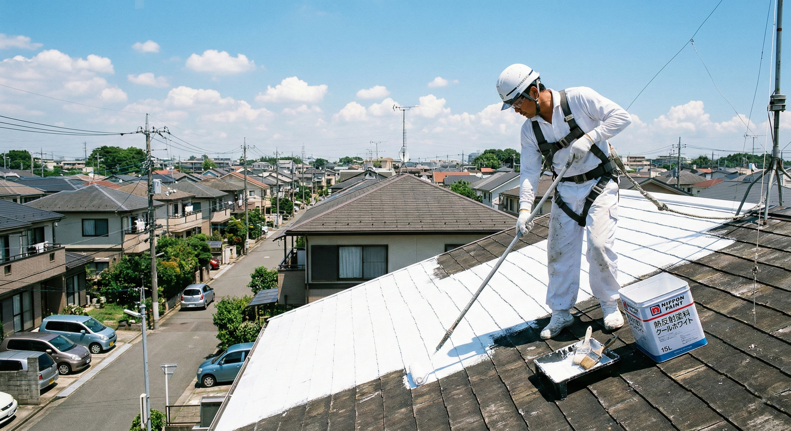 屋根遮熱塗装の施工中の様子