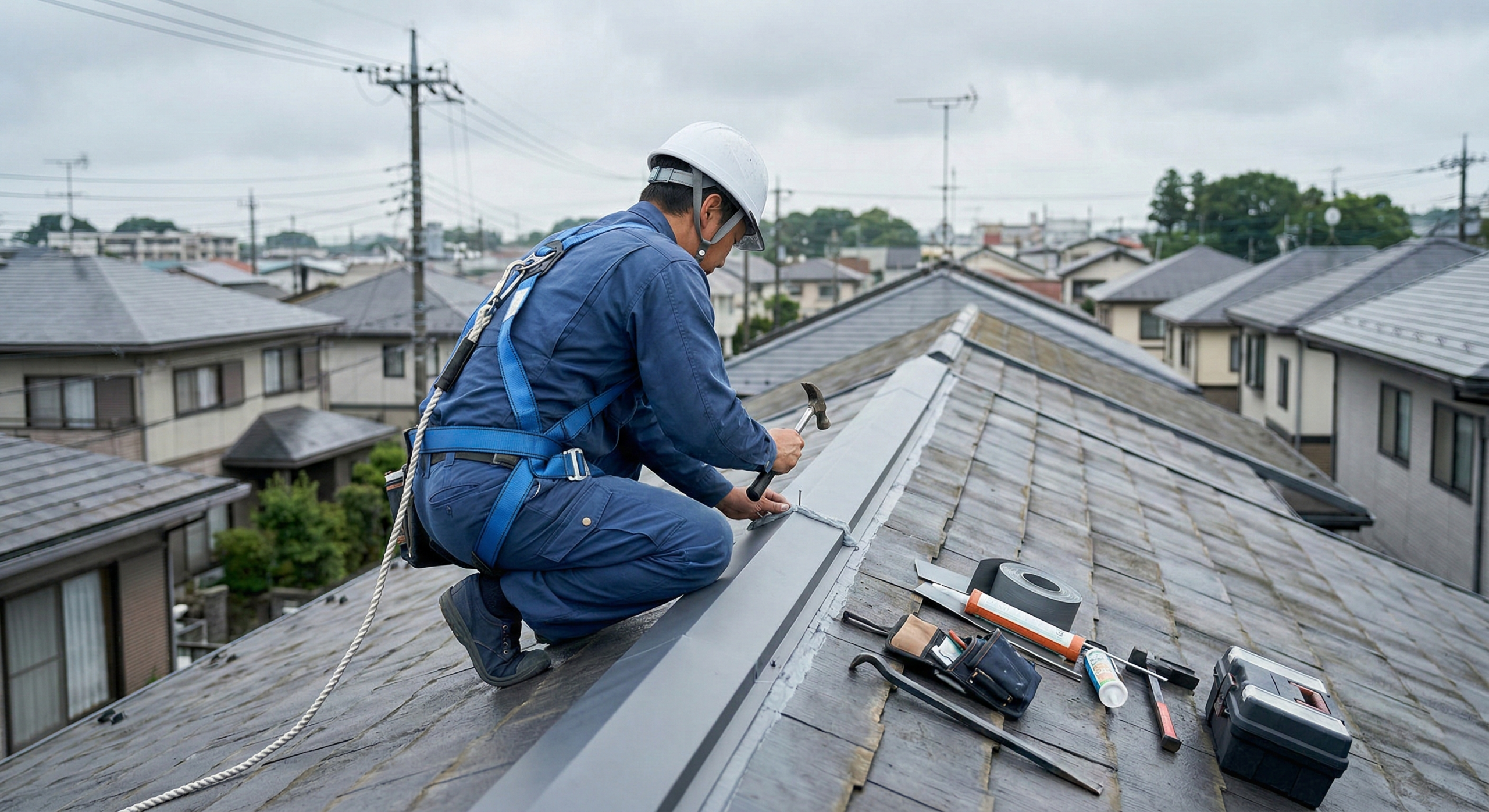 屋根修理（棟板金・瓦補修）の施工中の様子