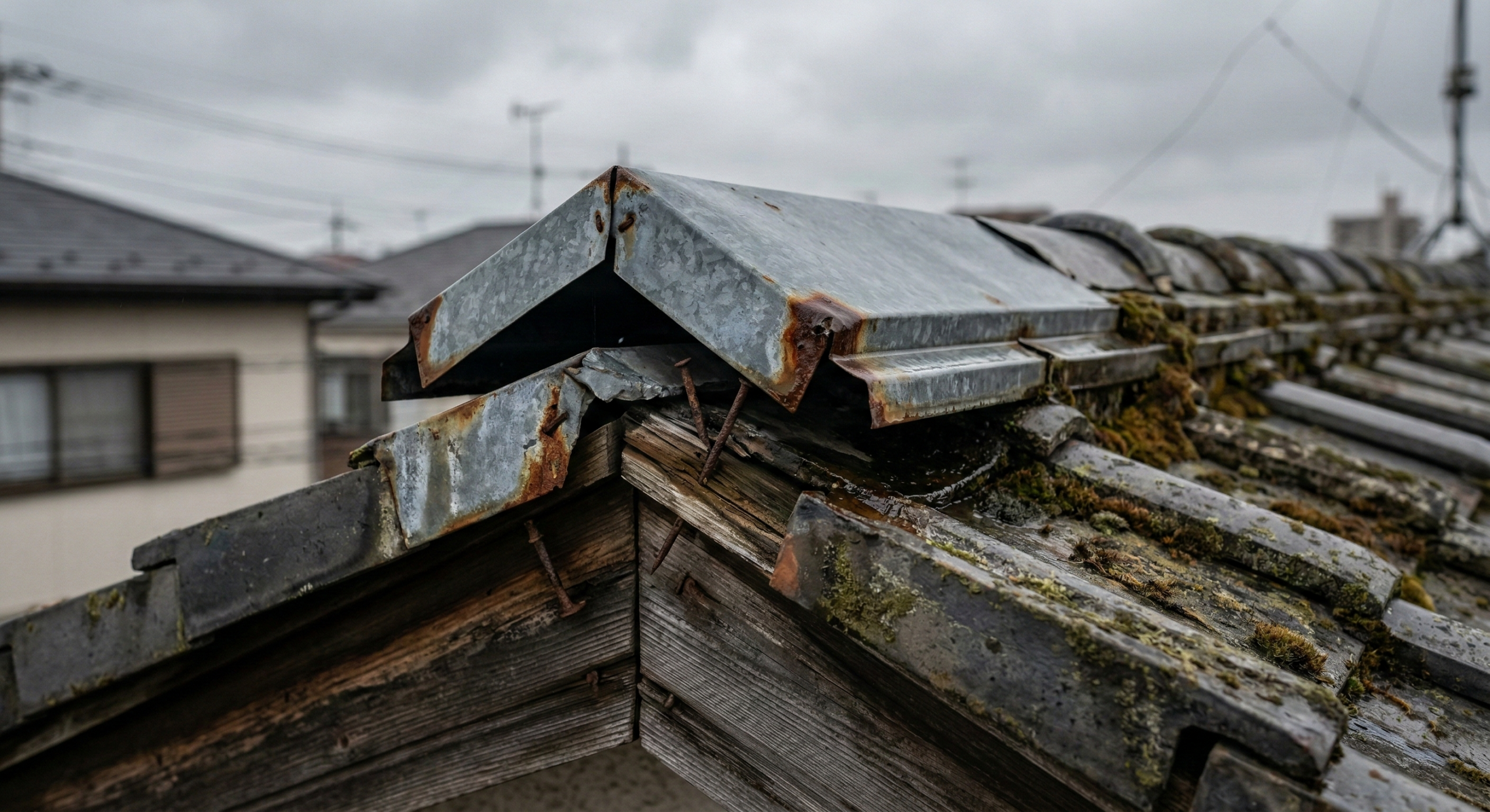 施工前：棟板金が浮いた屋根の状態