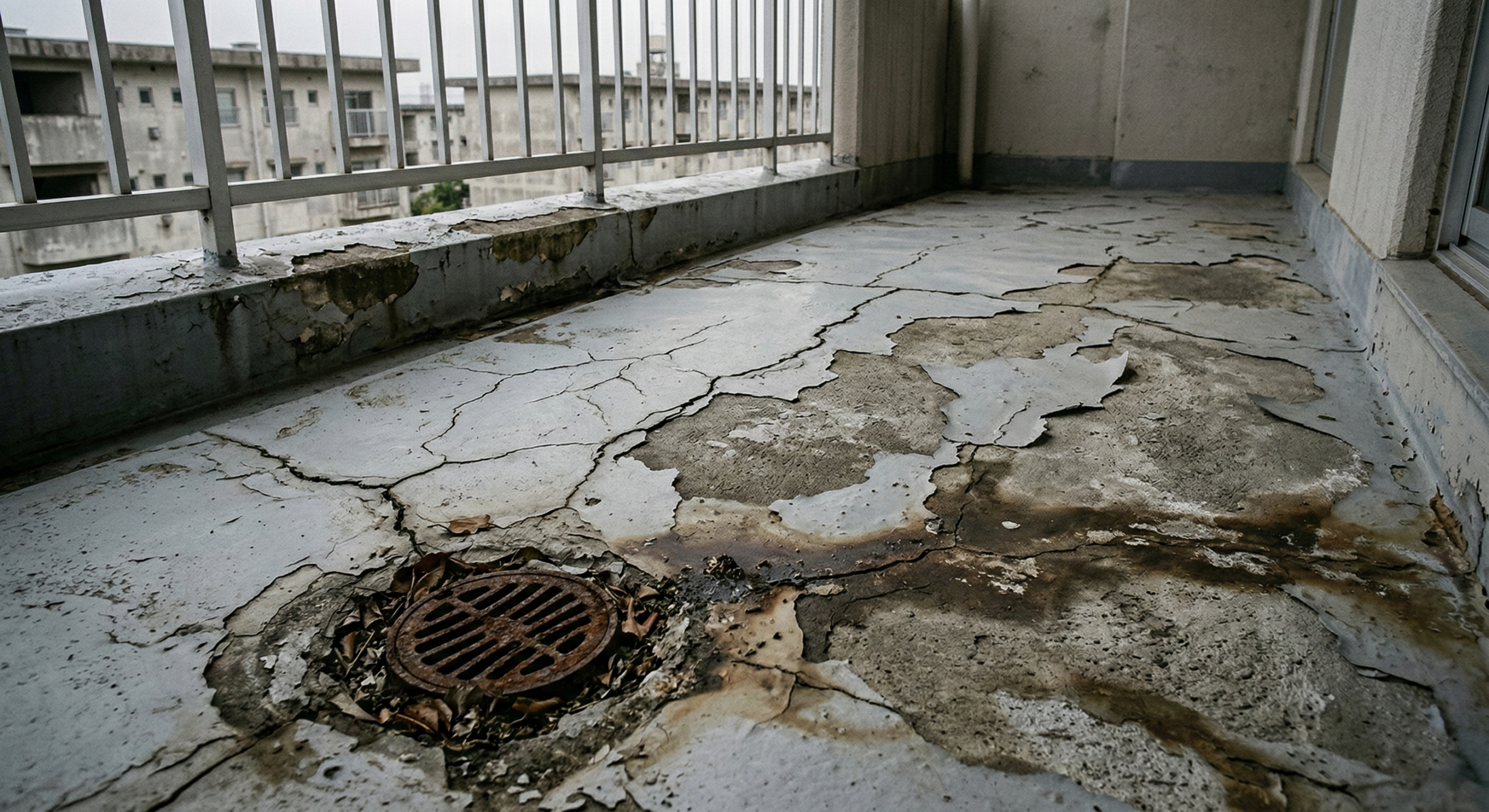 施工前：ひび割れたベランダ防水層の状態